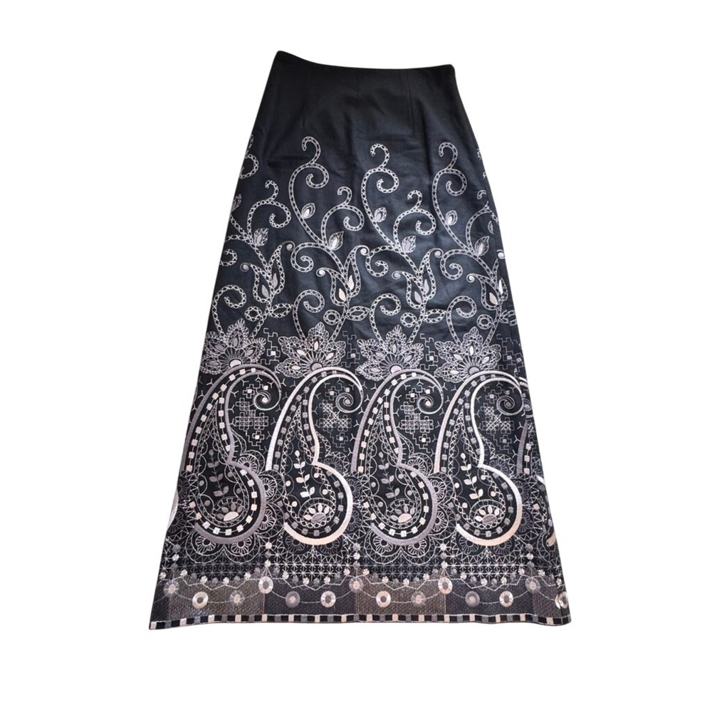 Black Embroidered Paisley Floral Maxi Skirt Silver Holiday Formal Wool A-Line